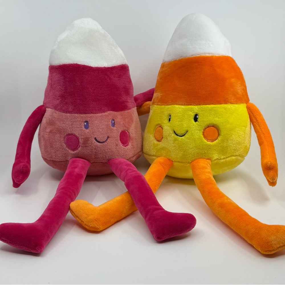 Smiling Candy Corn Plush Duo by Goblin & Ghoul NWOT - Pink and Orange
